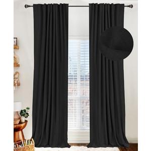 100% Blackout Shield Linen Blackout Curtains for Bedroom 84 Inches Long, Back Tab/Rod Pocket Living Room Drapes, Thermal Insulated Blackout Curtains 2 Panels Set, 40"W x 72" L, Black