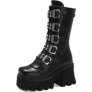 YIYA Black Platform Goth Boots for Women Studded Wide Mid Calf Combat Punk Boots Round Toe Buckle Chunky Heel Back Zipper Thick Sole Ankle Booties (11)