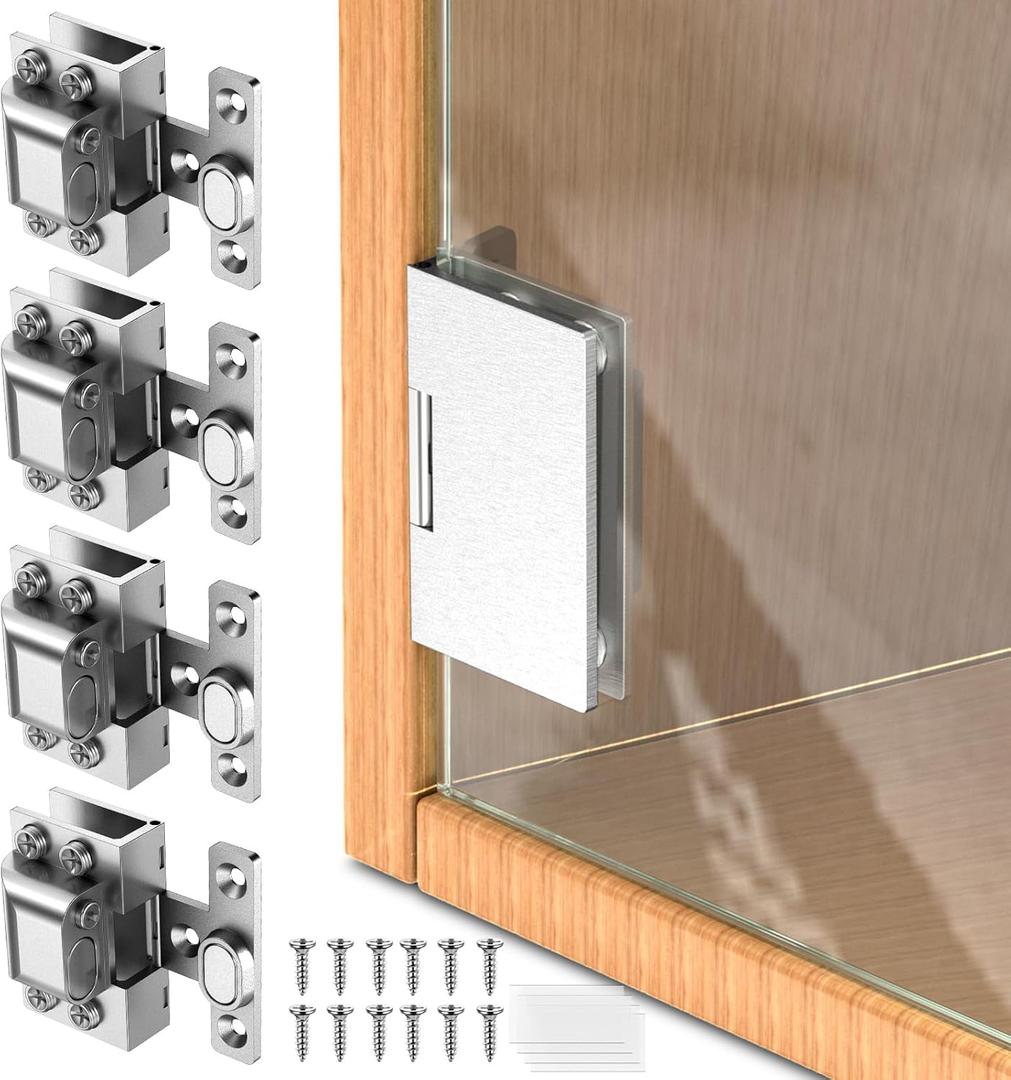 Glass Door Hinges,Glass Hinges,Glass Cabinet Hinges,304 Stainless Steel,Silent Closing for Thickness 5-8mm Doors (Silver,4 Pack)