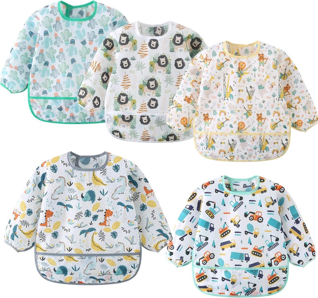 5 Pack Long Sleeve Bib,Baby Toddler Waterproof Sleeved Bib for 6-30 Months Reusable with Catch-all Pocket, Dino/Digger/Lion/Cactus/Animal