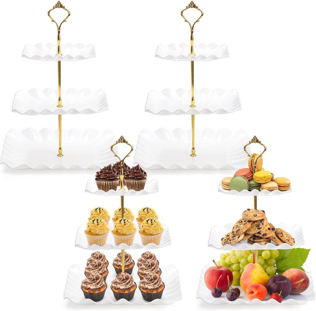 3 Tier Plastic Cupcake Stand, White Square Dessert Tiered Serving Stand, Cake Pastry Display Tower Tray Platter Holder for Buffet, Cookie, Fruit, Table Decor, Party, Wedding, Birthday