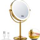 9" Rechargeable Gold Lighted Makeup Mirror with Magnification 20X/1X, Magnifying Mirror with Base Charging and Switch, Makeup Vanity Mirror with 3 Color Dimmable Lights for Dresser, Bathroom