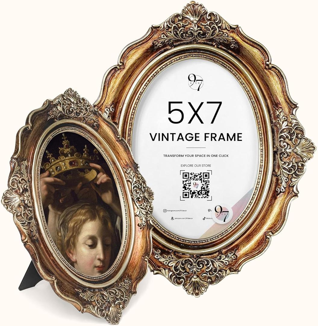 97 Decor 5x7 Vintage Picture Frames - 5 x 7 Picture Frame Antique, Ornate Gold Frames 5 x 7, Small 5x7 Picture Frame Wall Hanging For Home Decor (Bronze)