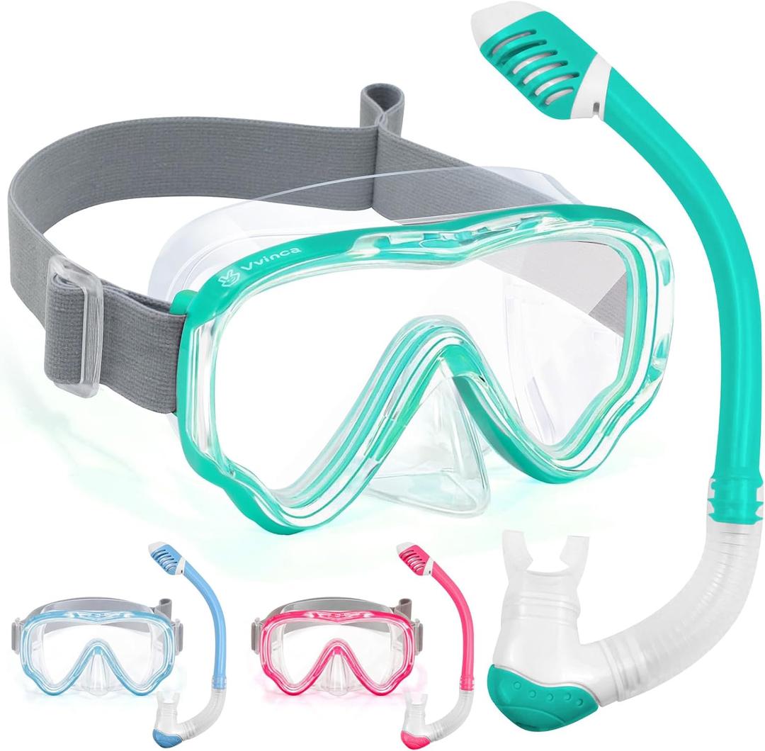 Vvinca Snorkel Set for Kids 3-14, Dry Top Snorkeling Gear for Boys Girls Youth, Panoramic View Swim Goggles with Nose Cover & Anti-Fog Lens, Junior Scuba Diving Mask with Adjustable Soft Fabric Strap, One Size 