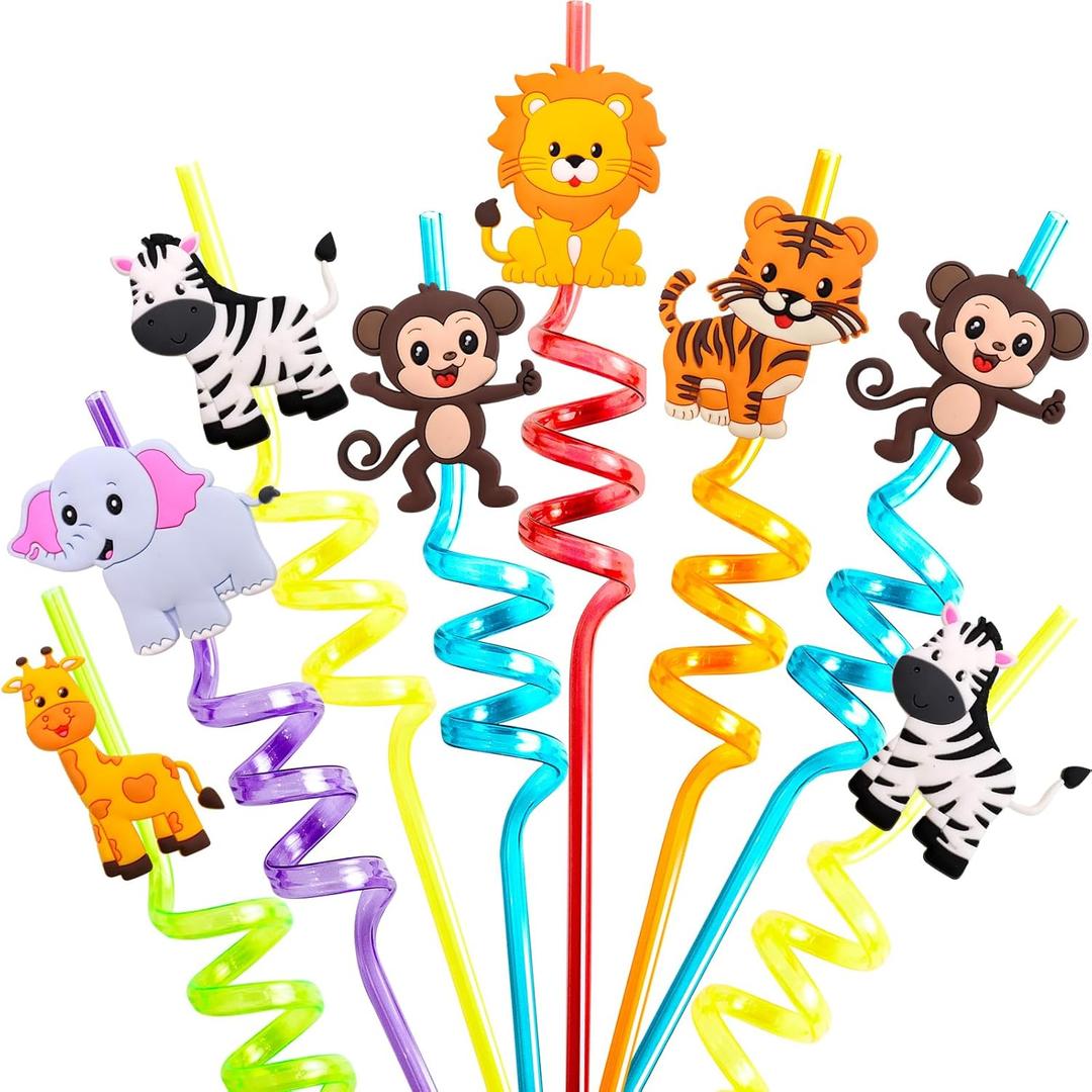 Fancy Land Safari Animal Straws Reusable Crazy Jungle Plastic Straws Bulk for Kids Woodland Birthday Party Favors 24 Pcs