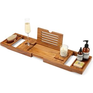 Teak Bathtub Tray, Bathtub Caddy, Expandable Bath Tub Tray Wood, Bath Table Tray&Bathtub Shelf, Luxury Bathtub & Bathroom Accessories and Organizer, House Warming&Wedding Gifts(Large)