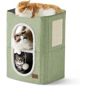 Bedsure 2 Story Cat House - Cat Condos for Indoor Cats with Scratch Pad and Fluffy Ball Hanging, Small Pet Cave Furniture Hideaway for Multi Pets, 18x14x23 inches, Green (Double)