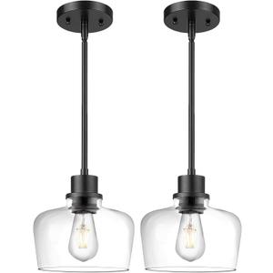 Emak 2 Pack Pendant Lights Kitchen Island, 8 Inch Black Pendant Light Fixtures with Clear Glass Shade, Modern Farmhouse Island Lights for Kitchen, Dining Room, Bar, PL122-BK-CG-2PK