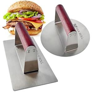 Stainless Steel Burger Press, Hamburger Press, Heavy Duty Meat Press, 8 Inch Bacon Press & 6.3 Inch Round Burger Smasher with Wood Handle, Grill Press for Smashburger, BBQ Bacon Up, Beef