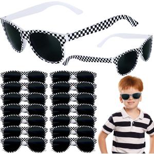16 Pack Race Car Checkered Sunglasses White Black Frame Checker Sunglasses Bulk for Kids Racing Party Favors Essentials & Gear Up With Hot Car Plastic Glasses for Racing Theme Birthday Party Gifts