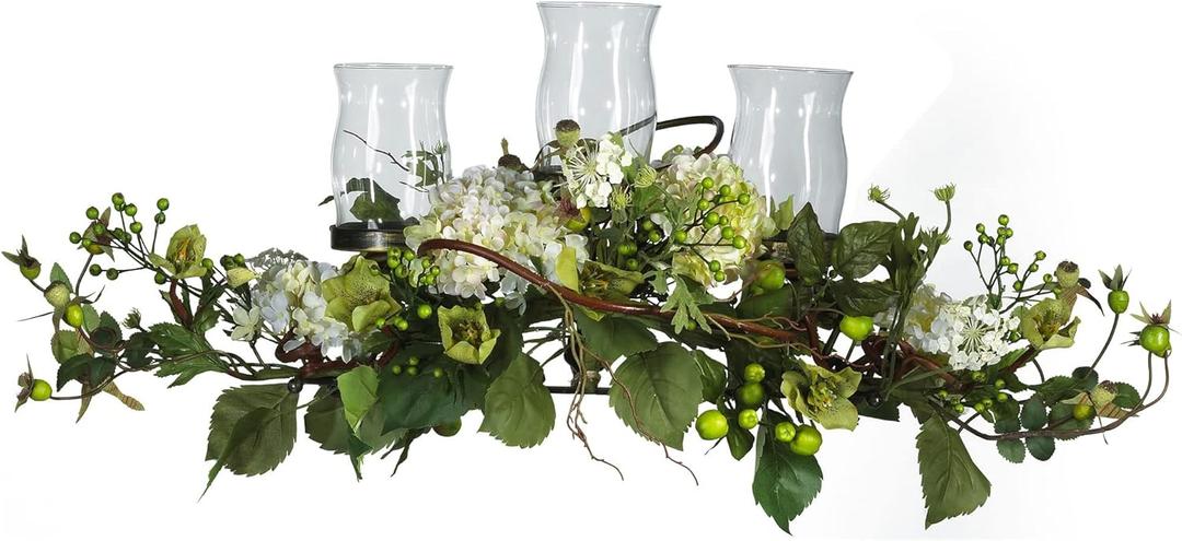 Nearly Natural 4634-CR Hydrangea Triple Candleabrum Centerpiece, Cream 29" x 10.25" x 10.25"
