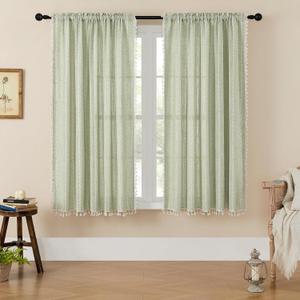 MitoVilla Boho Farmhouse Living Room Curtains 63 Inch Length 2 Panels, Modern French Country Window Curtain for Bedroom, Bohemian Rustic Cotton Linen Tassel Draperies, Sage Green
