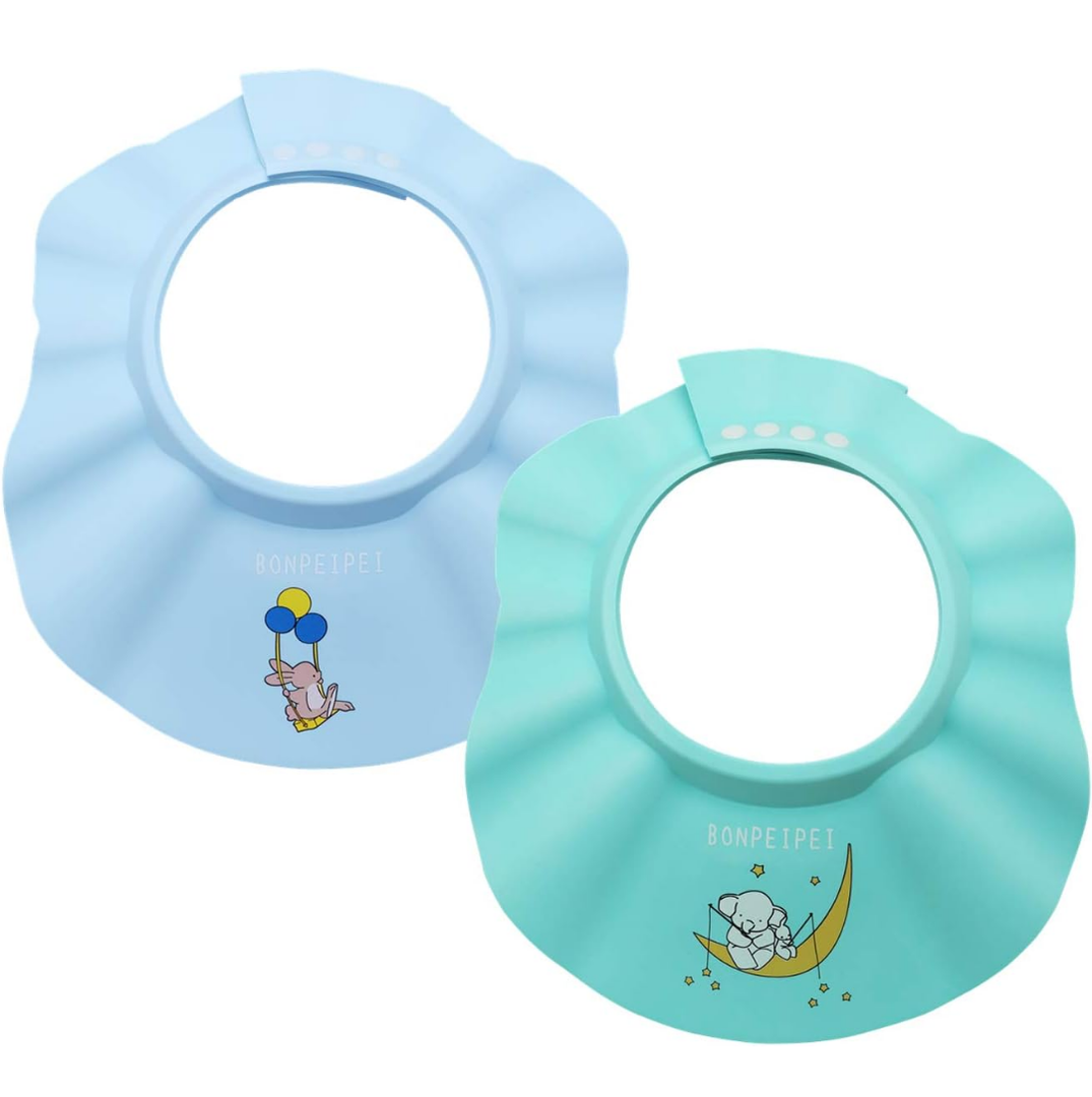 Baby Shower Shampoo Cap 2Pcs Adjustable Safety Eva Bath Visor Accessories Waterproof Soft Hair Washing Guard Bathing Hat for Girls, Boys, Infants, Kids and Toddlers-blue/green