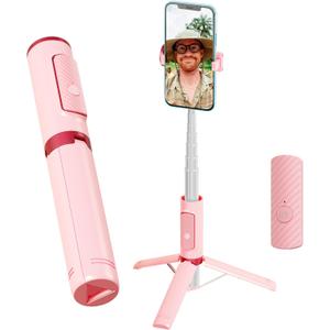 Selfie Stick, Foldable Cellphone Tripod with Remote, Travel Tripod for iPhone Series Android, Video Recording - Pink