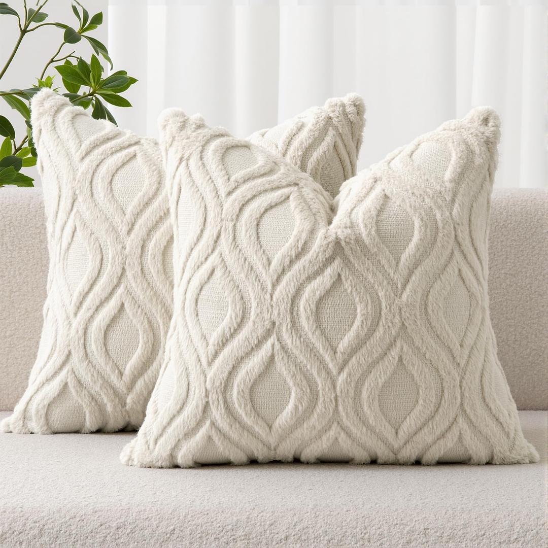 MIULEE Beige Throw Pillow Covers 18x18 Inch, Neutral Soft Plush Faux Wool Solid Couch Pillows Set of 2, Decorative Farmhouse Boho Cushion Covers for Sofa Living Room Bed Home Decor