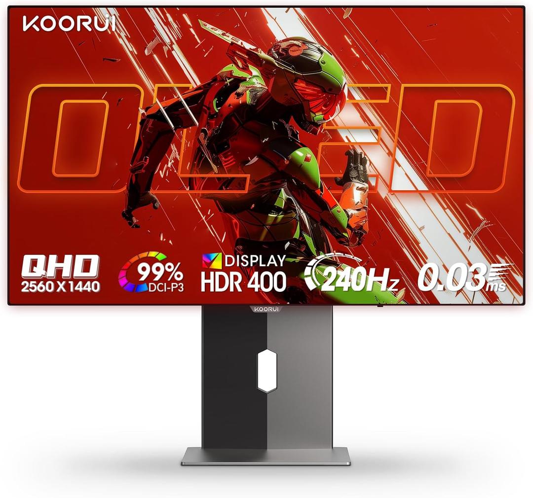 KOORUI 27 inch OLED Gaming Monitor, 240Hz Monitor, 0.03ms, QHD 1440p AdaptiveSync, 99% DCI-P3, HDR True Black 400, Height/Pivot/Tilt/Swivel Adjustability, HDMI & DisplayPort VESA, Black, S2721XO
