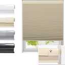 No Drill Cellular Shades for Indoor Windows, Thermal Insulating & Noise Reducing Honeycomb Blinds, Free Stop Cordless Blackout Shades, Beige, 46" W x 64" H
