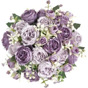 Mkono Peonies Artificial Flowers, Small Silk Flowers for Home Decor Indoor Fake Bouquet Faux Floral Arrangements Dining Table Centerpieces for Kitchen Party Decor Purple