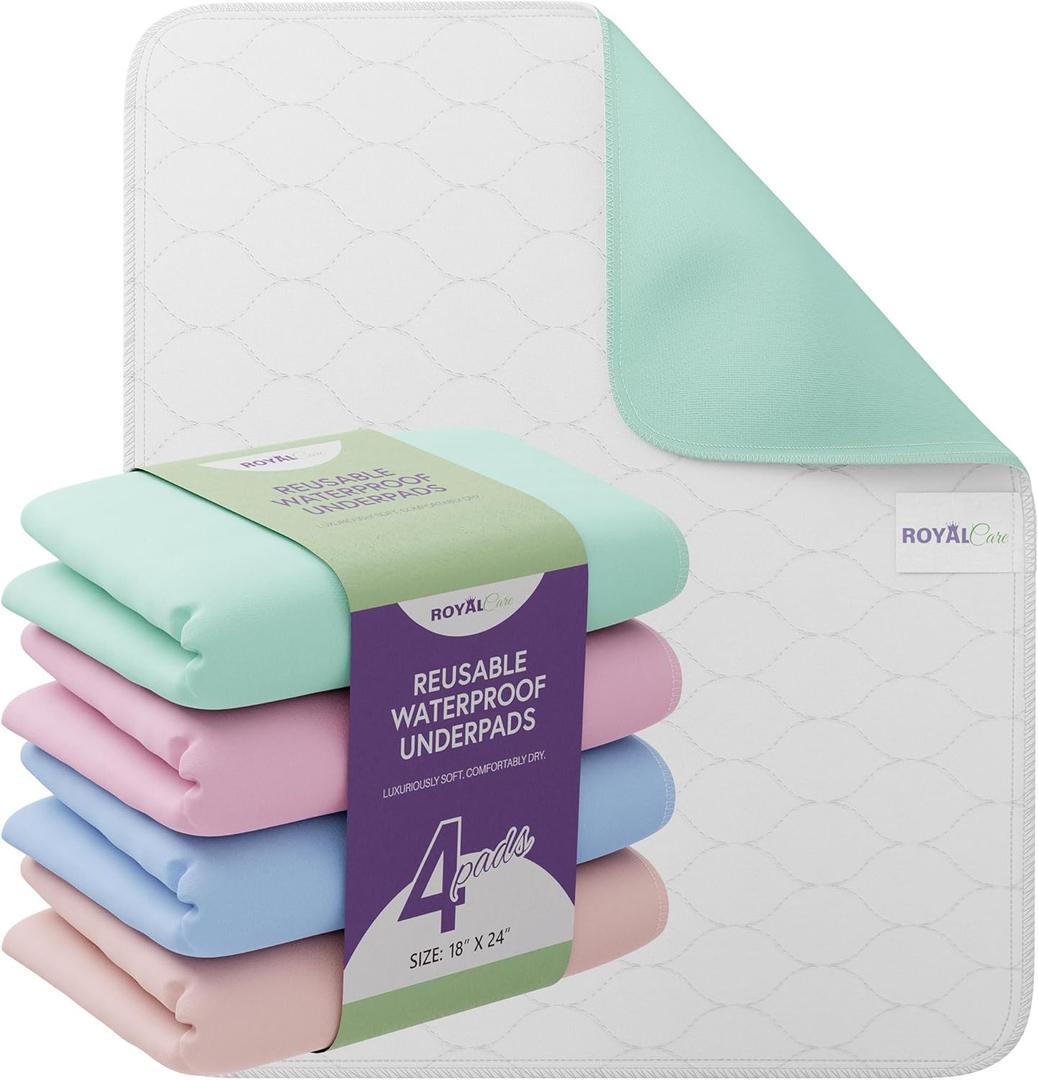 Incontinence Bed Pads - 4 Pack 18 x 24 Reusable Waterproof Mattress Protectors - Highly Absorbent, Machine Washable - for Children, Pets and Seniors - Assorted Colors - Royal Care (Multicolor)