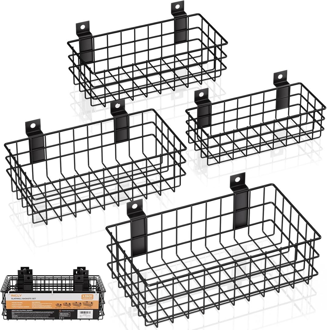 INCLY 4 Pack Black Slatwall Baskets Set, Ventilated Metal Hanging Storage Slat Wall Basket, Mounted Slatwall Accessories for Garage Rooms Shops Storage Organizing Display on Slatwall Panels