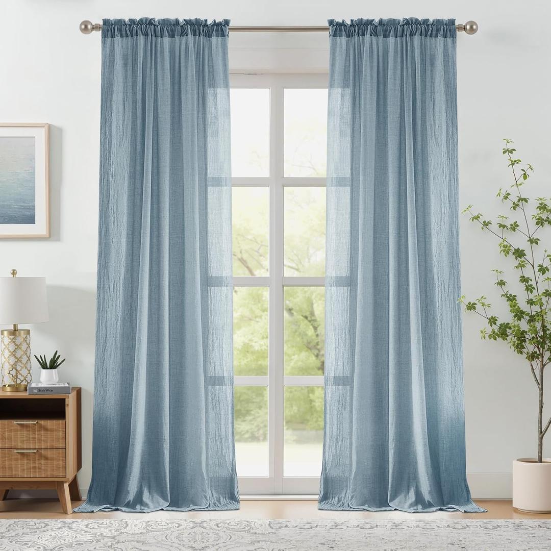Melodieux Blue Sheer Curtains 84 Inches Long 2 Panels for Bedroom Living Room, Natural Cotton Textured Light Filtering Window Sheer Curtains, Rustic Rod Pocket Crinkle Voile Drapes, 52" W x 84" L