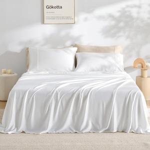 GOKOTTA King Size Sheets Set 4 Piece, 100% FSC® Certified Rayon Derived from Bamboo, Luxury Breathable and Silky Soft Sheets, Deep Pocket 16" Fitted Sheet with Elastic Corner Straps, Bright White