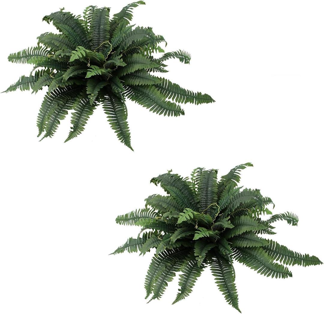 Coreland 35" Artificial Boston Ferns Outdoor Large, 2 Pack Fake Fern Plants with 60 Fronds Each, UV Resistant Faux Fern Bushes for Porch Planters Patio Garden Front Door Home Decor