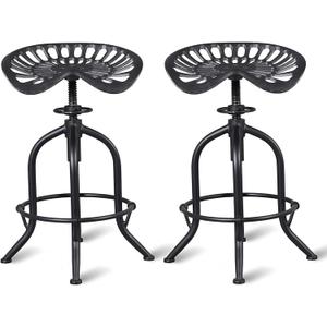 Industrial Bar Stool Farmhouse Tractor Saddle Stool Kitchen Counter Height Adjustable Bar Stool Metal Bar Stool 19.6-24 Inch Pub Bar Stool,Set of 2, Black