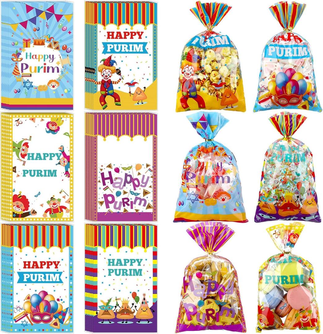 Yexiya 120 Pcs Happy Purim Treat Gift Bags Bulk 6" x 10" Plastic Candy Bags for Purim Party Favor Holiday Gift Wrap Decorations Candy Goodie Supplies