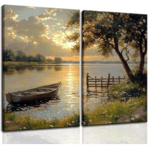 2Pcs Framed Fall Landscape Canvas Wall Art, Lake Boat Forest Art Prints, Autumn Scenery Nature Decor Pictures, Rustic Gold Paintings Wall Decor Living Room, Bedroom, Office 16x24in