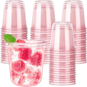 50pcs 12oz Disposable Stemless Glasses,PET Disposable Drinking Cups,Cold Party Clear Plastic Wine Glasses for Parties Birthday,Wedding,Meeting,Christmas Party Supplies. (Pink)