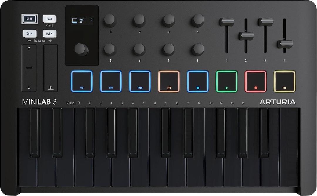 Arturia MiniLab 3 - Universal MIDI Controller for Music Production, with All-in-One Software Package - 25 Keys, 8 Multi-Color Pads - White (MiniLab 3 Only, Deep Black)