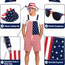 BobbleT American Flag Overall Shorts Patriotic 4th of July Outfit Costume with Hat Sunglasses for Men & Women Parade Party (XXL)