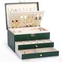 Unimoly 3-Layer Jewelry Box for Women, Jewelry Organizers and Storage with Removable Jewelry Tray, Vintage Quilted Top Lockable Jewelry Holder Gift Idea Dark Green
