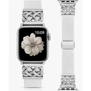 Minyee Magnetic Stretchy Band Compatible with Apple Watch Bands 38/40/41/42/44/45/46/49mm Women Men, Celtic Knot Soft Elastic Nylon Fabric Strap for iWatch Series 11 10 9 8 7 6 5 4 SE/Ultra 3 2 1, White/Silver