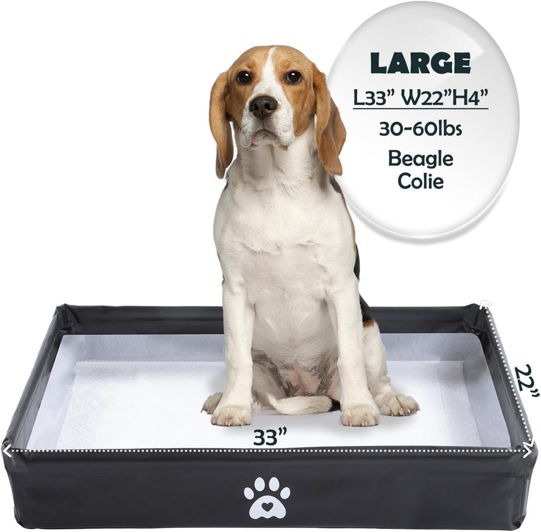 MEEXPAWS Dog Pee Pad Holder Tray Foldable, Puppy Pad Holder Liner Base High Side, Dog Litter Box Indoor for Large Dog 33x22, Training Pad Holder Leak-Proof, Potty Pad Holder for Dogs Easy Clean (Black)
