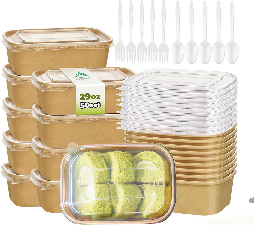 Kaderron 50 Pack 29 OZ Large Paper Bowls with Lidswith Spoons and Forks, Heavy Duty Disposable Meal Prep Containers for Party, Disposable Bowls Bulk Soak-Proof and Microwave Safe for Hot/Cold Use