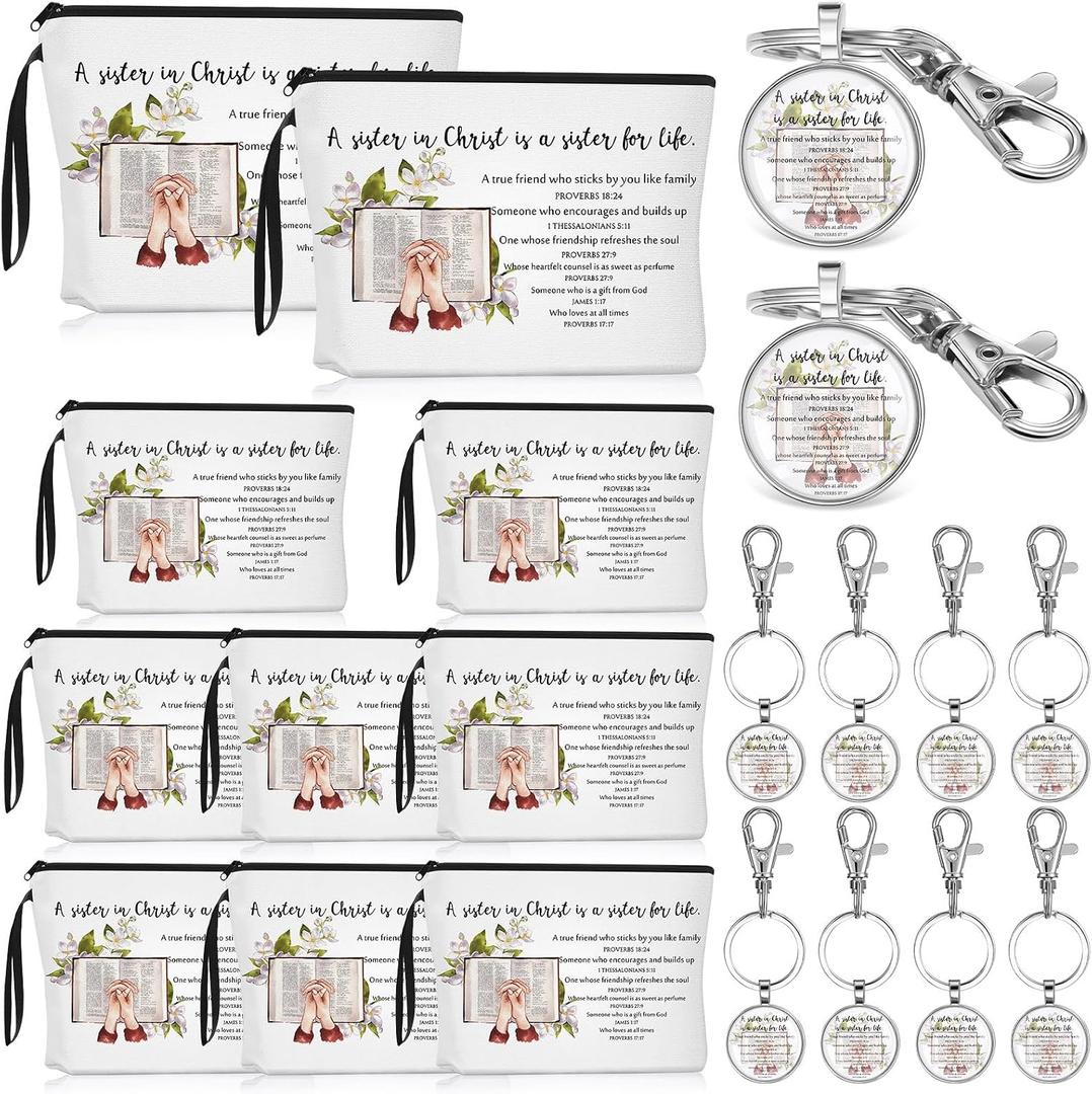 Dansydaisy 8/16 Set Sister in Christ Gifts Secret Sister Gifts Makeup Bag Bible Verse Keychains for Friends Birthday Gift