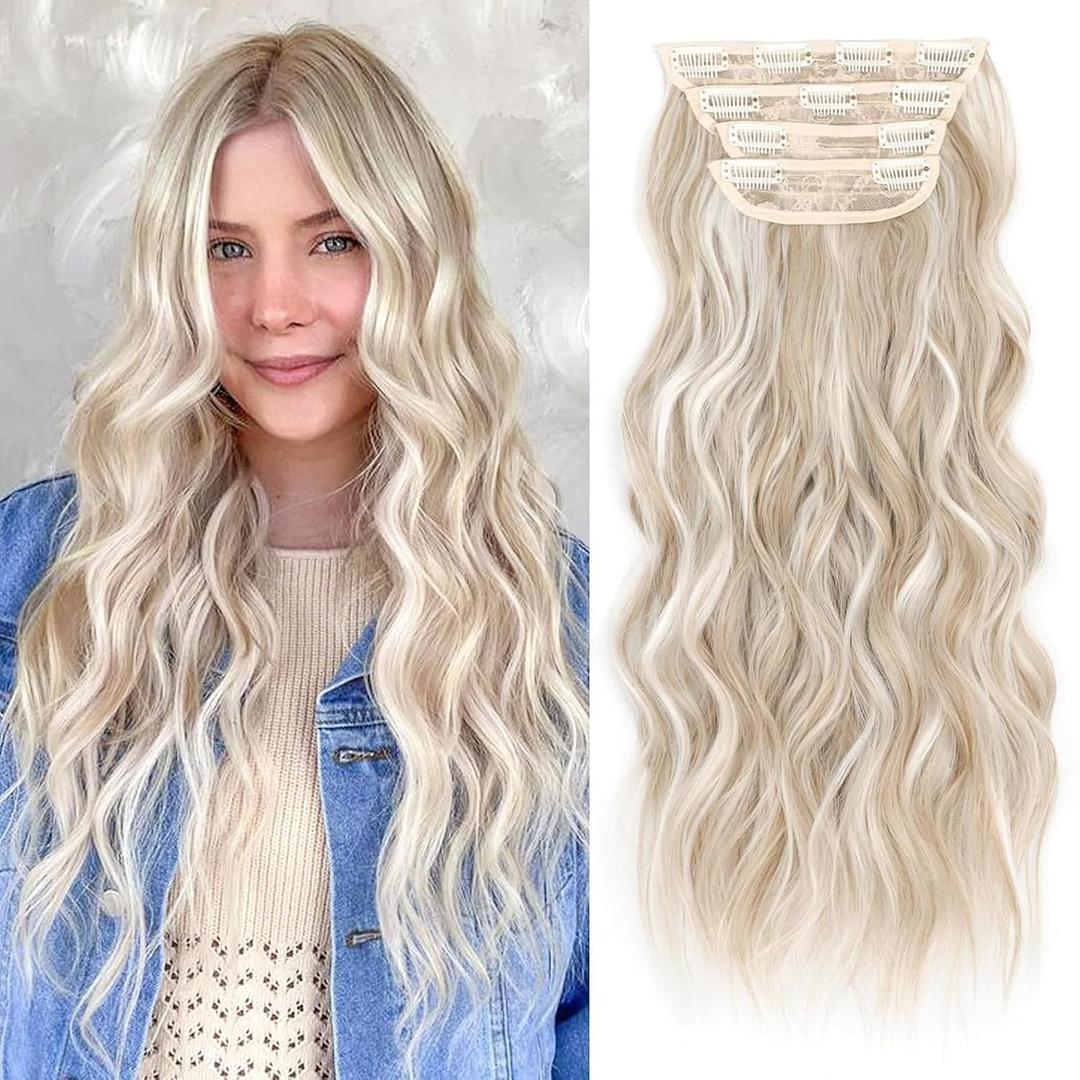 ALXNAN Clip in Long Wavy Synthetic Hair Extension 20 Inch Ash Blonde Mix Highlights 4PCS Thick Hairpieces Fiber Double Weft Hair for Women