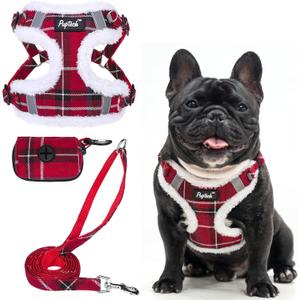 PUPTECK Dog Harness and Leash Set Medium Sized, Step in No Pull Adjustable Puppy Cat Harness Reflective Pet Vest (L (25-33lbs, Chest 20"-25"), #3 Red (Plush Plaid))