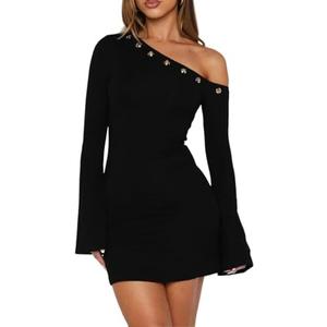 AIBUSIS Sexy Flared Long Sleeve Slim Fit Bodycon Going Out Club Party Y2K Mini Dress Size S