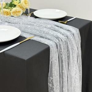 AerWo 10FT Silver Table Runner, Boho Metallic Foil Glitter Sheer Sequin Table Runners 120 Inches Long, Wedding Centerpiece Tables Decorations for Party Supplies Home Birthday Wedding Decor