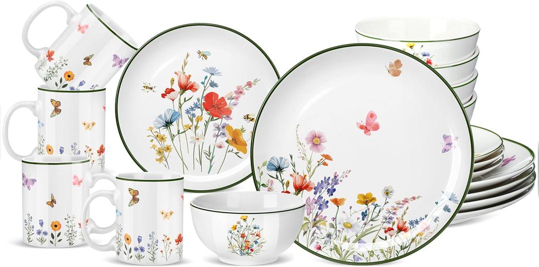 Pickmesh 16 Pcs Wildflower Ceramic Dinnerware Set for 4 Guest Floral Dish Set Spring Butterfly Dinner Plates Salad Plates Bowl Mug Kitchen Gift for Spring Kitchen Holiday Party Decoration