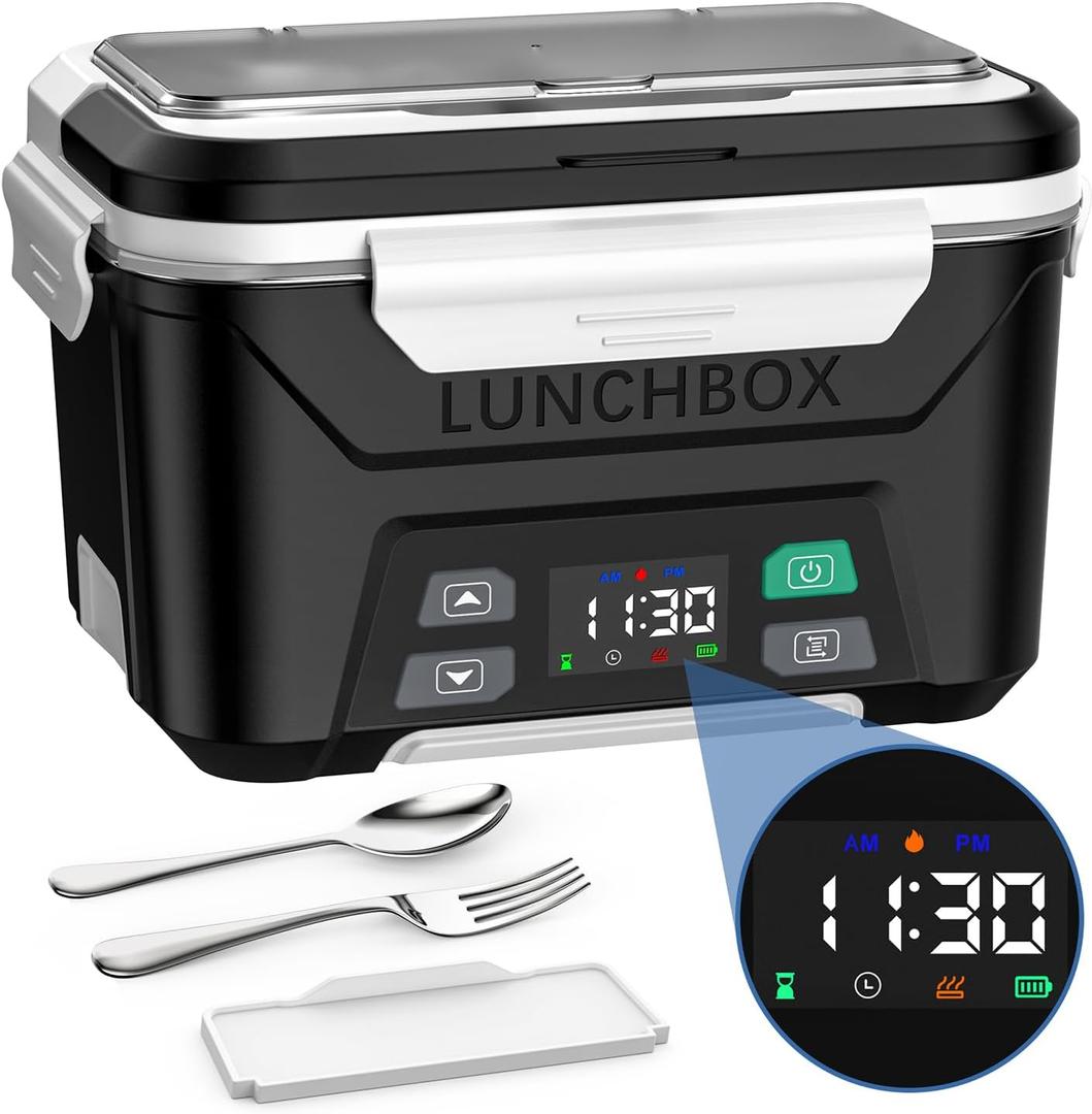 EAST OAK Cordless Electric Lunch Box for Adults, Heated Lunch Box Battery Powered with Automatic Heating, 5.5 Cups Portable Food Warmer with Removable Tray Divider (Black-Cordless)