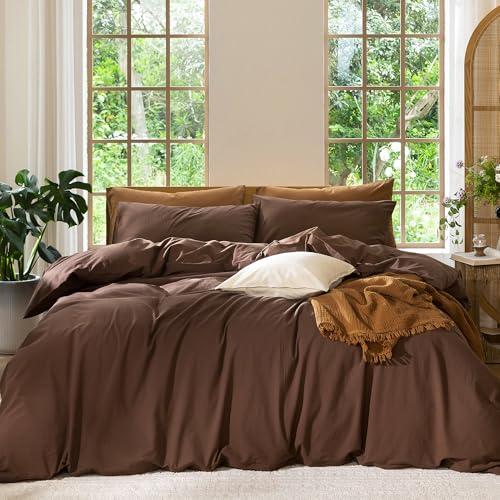 MooMee Bedding Duvet Cover Set 100% Washed Cotton Linen Like Textured Breathable Durable Soft Comfy (Solid Cocoa Brown, King 104"x90")