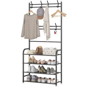 Entryway Coat Rack, Hall Tree Storage Shelf, Easy Assembly, with 4-Tier Shelf for Storage Shoes, Clothes, Black