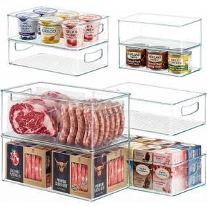 8 PACK Freezer Organizer Bins Fridge Organizers and Storage Stackable Refrigerator Organizers Bins with Side Handles Clear Storage Bins for Pantry, Under Sink, Kitchen Cabinet