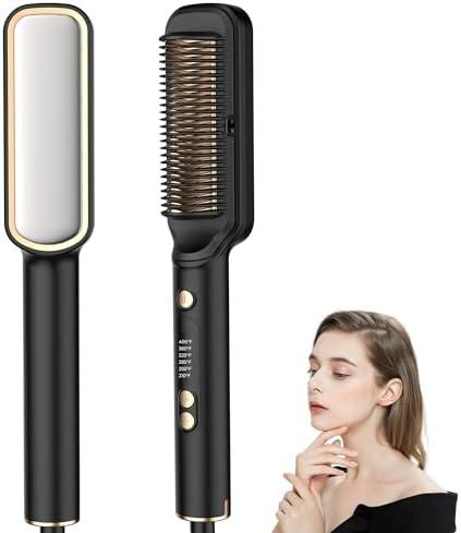 Hair Straightener Brush with Ceramic Coating, Hair Straightener Comb 6 Temps Settings up to 210-400F, 20s Fast Heating, Double Voltage 110-240V Travel Hair Straightener