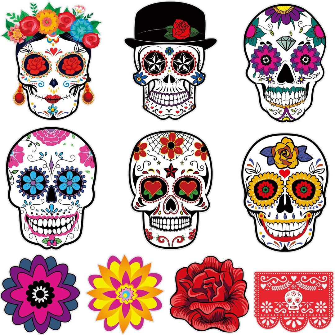 Outus 50 Pcs Day of The Dead Decorations for Altar, Sugar Skull Cutouts for Halloween Mexican Fiesta Party Supplies, Day of The Dead Cutouts Bulletin Board Wall Decor