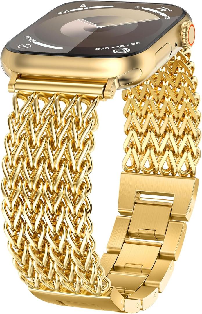 Minyee Compatible with Apple Watch Band 41/40/38/44/45/46/49/42mm Women, Dressy Stainless Steel Metal Adjustable Chain Strap Link Bracelet Wristband for iWatch Series 11 10 9 8 7 6 5 4 3 2 1 Ultra SE (Gold)